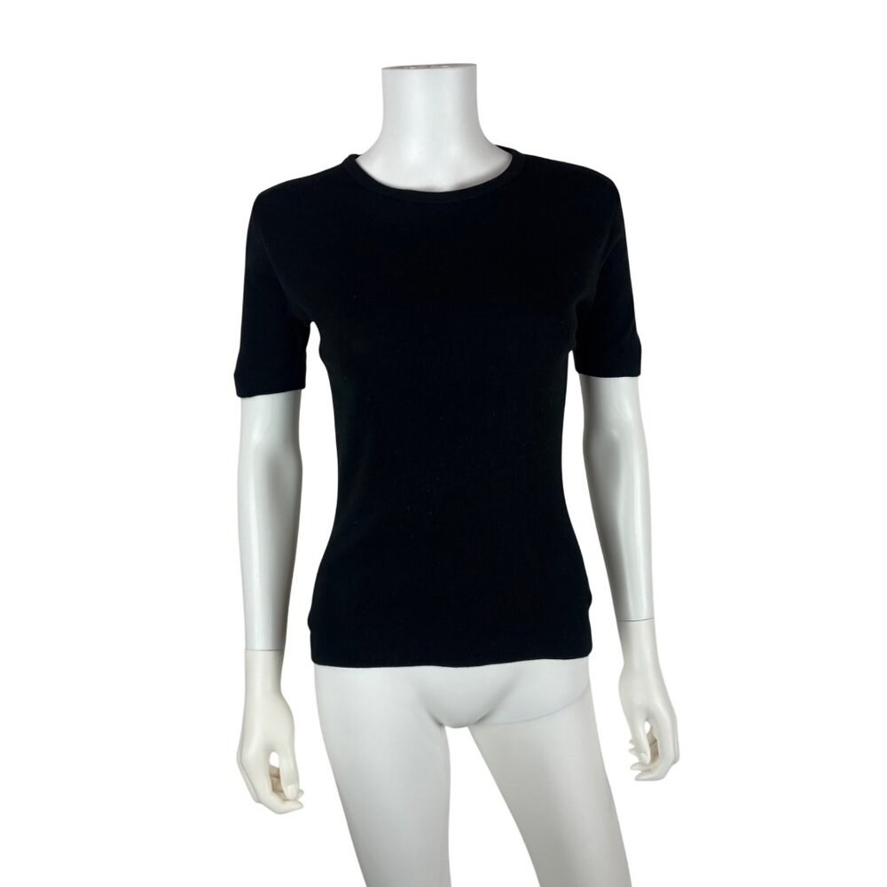 Vintage 70s Solid Black Tee Womens Extra Small Acrylic Knit Crewneck T Shirt